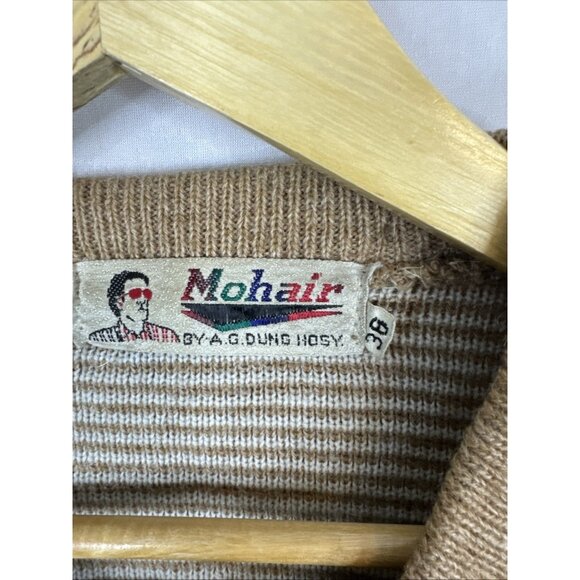 Vintage 80s Mohair Blend Sweater Tan White Grid Pattern Made In Korea Size 36 - Picture 3 of 5